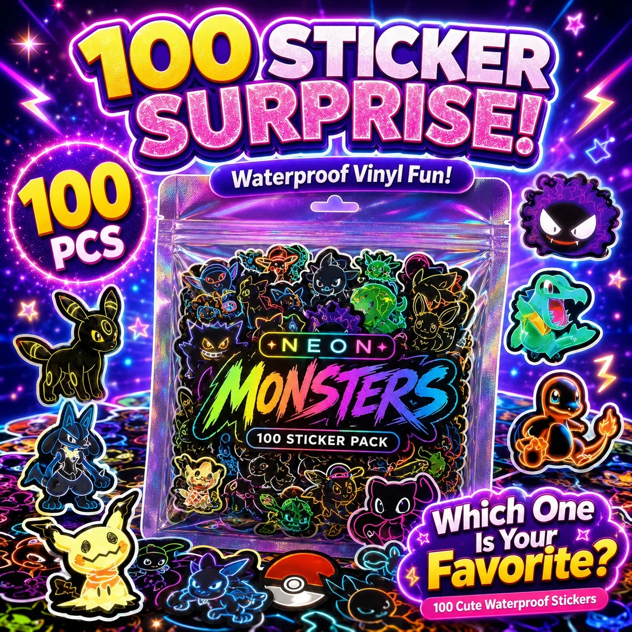 100pcs Neon  Pokémon  Stickers - Wall Sticker recension och pris